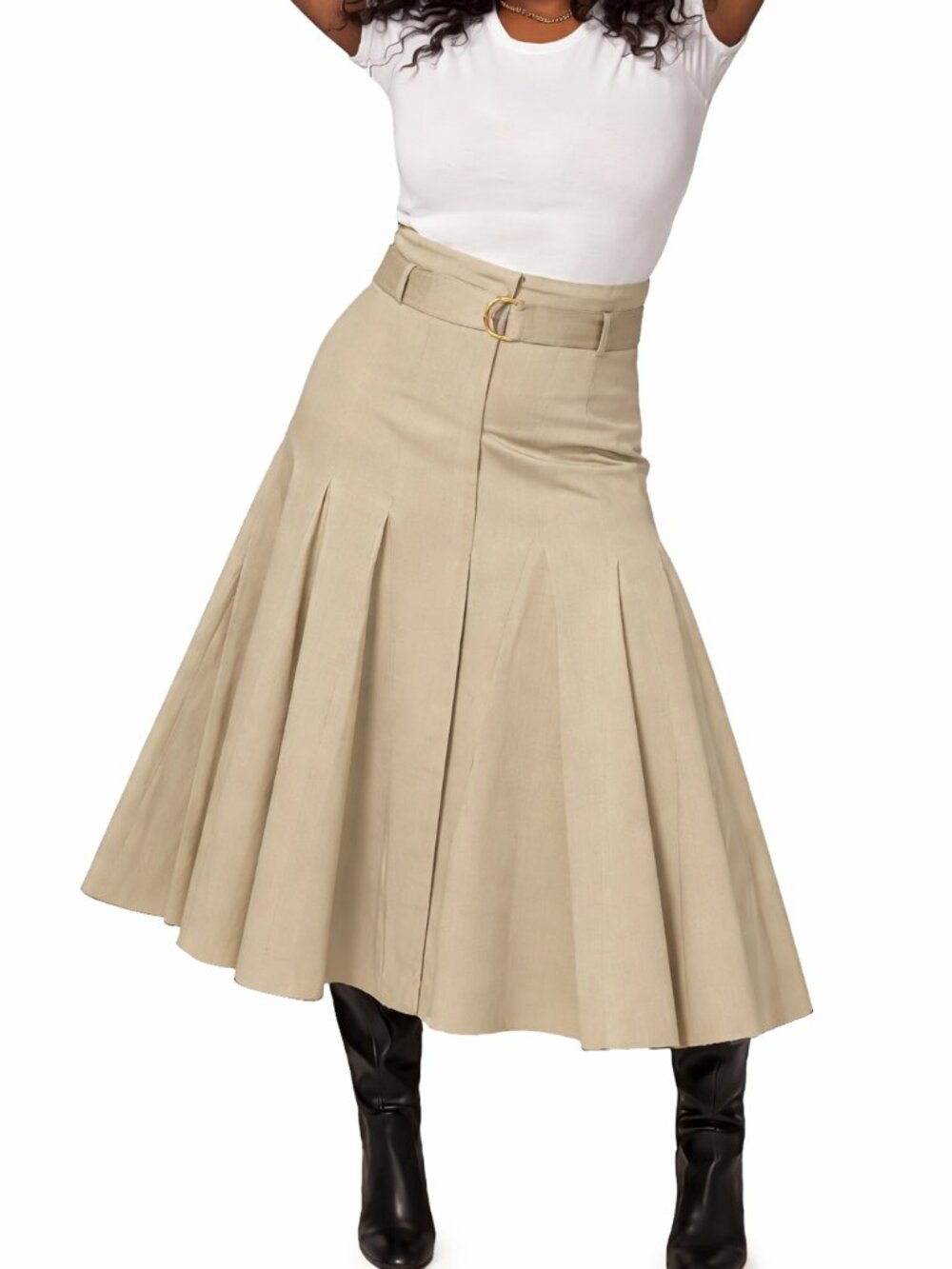 Another Tomorrow Drop-Waist Pleated Khaki Midi Skirt - Picture 2 of 13